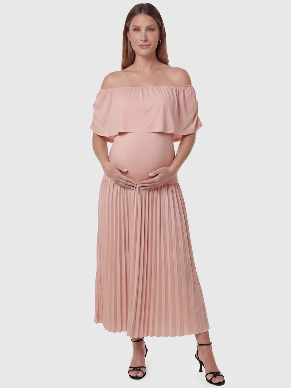 Blush Medium Pleated Off Shoulder Maternity Maxi from BumpBabe